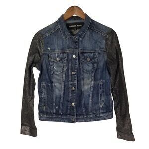 Express Jeans Denim Jacket Womens M Metallic Sleeve Distressed Trucker‎ Coat